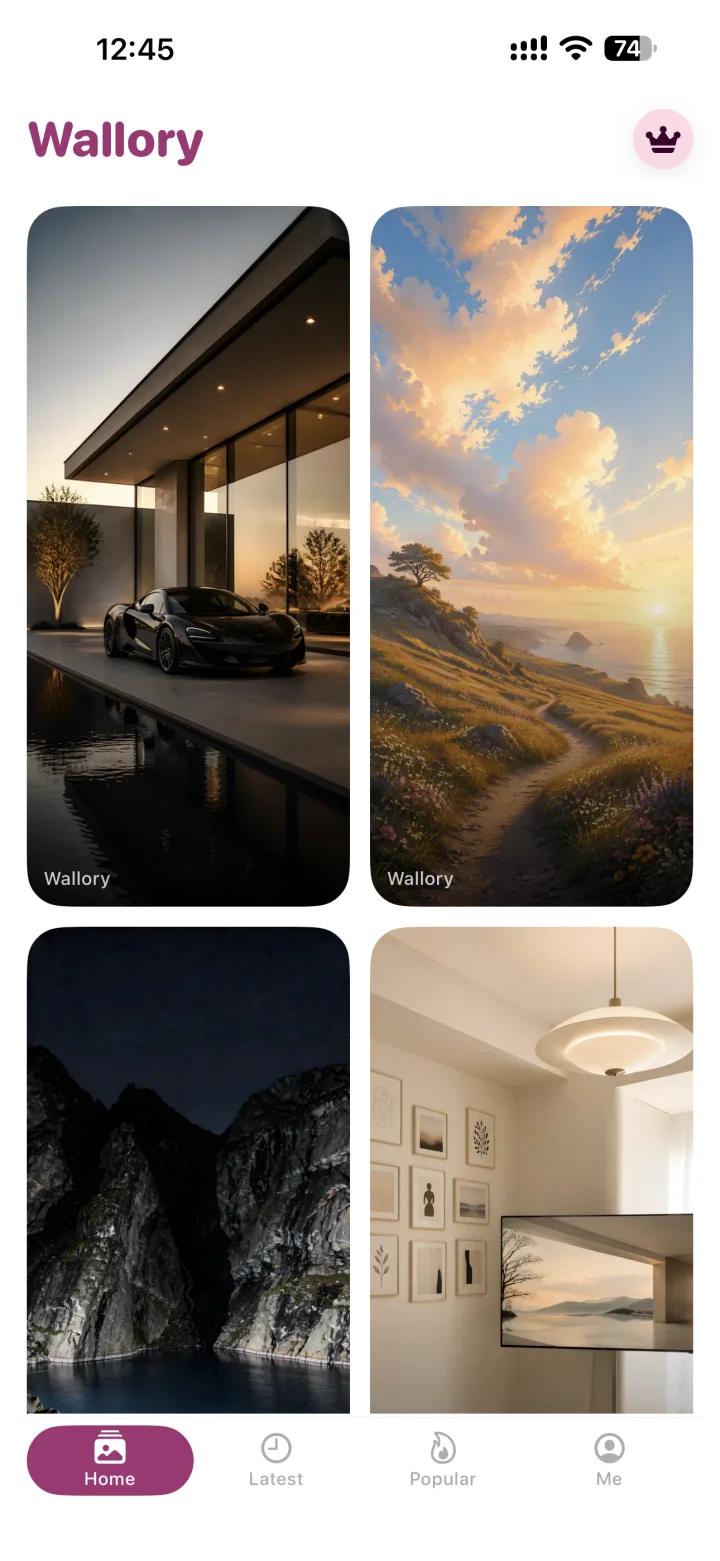 Wallory home screen showing a curated wallpaper grid